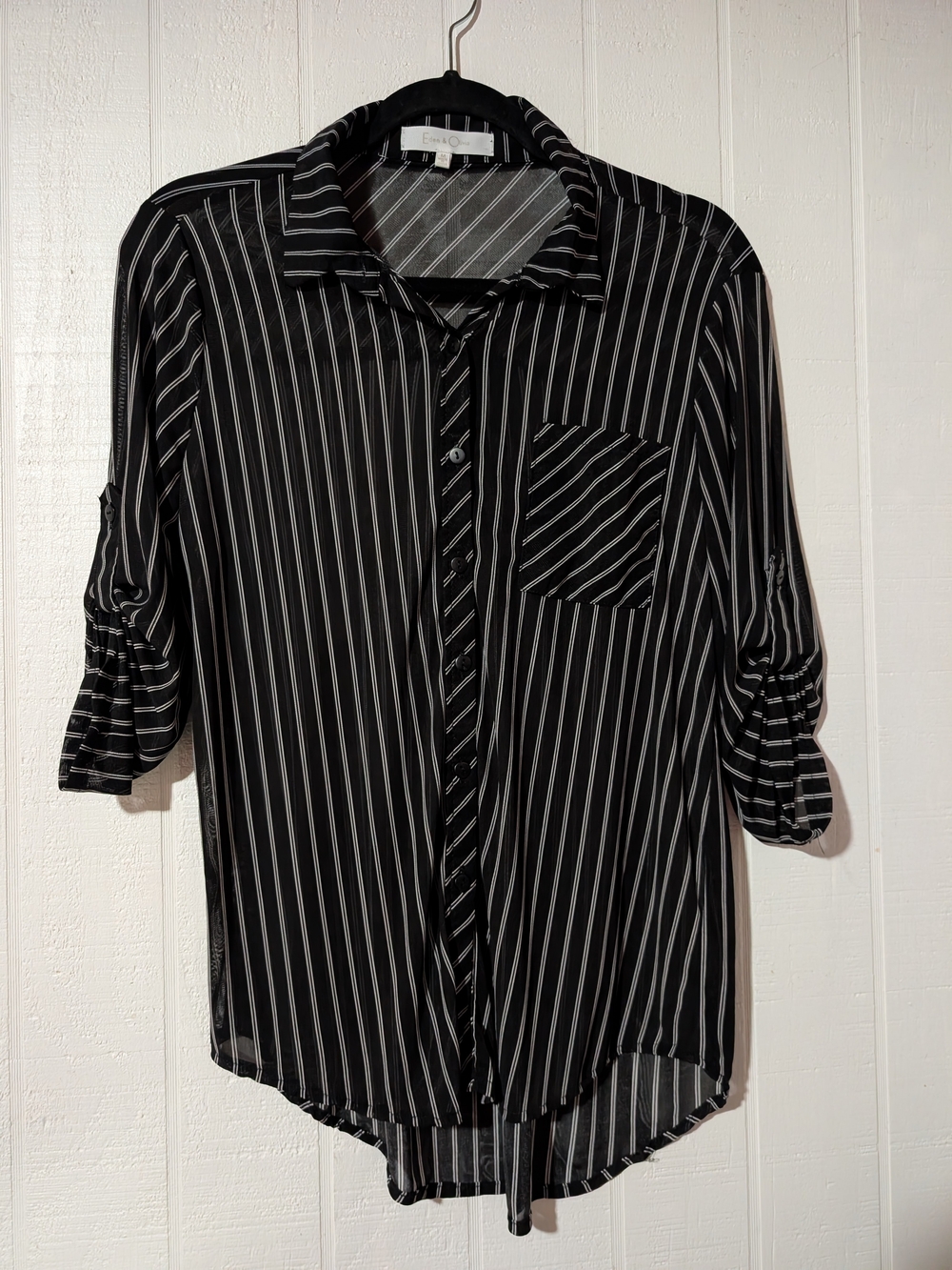 Women's Sheer Black Striped Button-Up Shirt